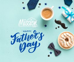 Blue background with coffee, mustache, bowtie, and small gift box with wording that reads, "Mission CISD - Happy Father's Day"
