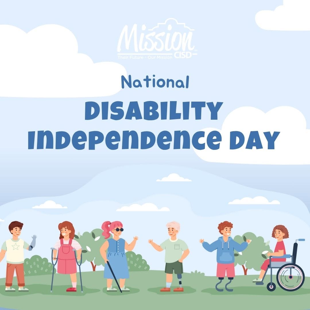 Mission CISD graphic celebrating National Disability Independence Day, featuring six diverse children in a park.
