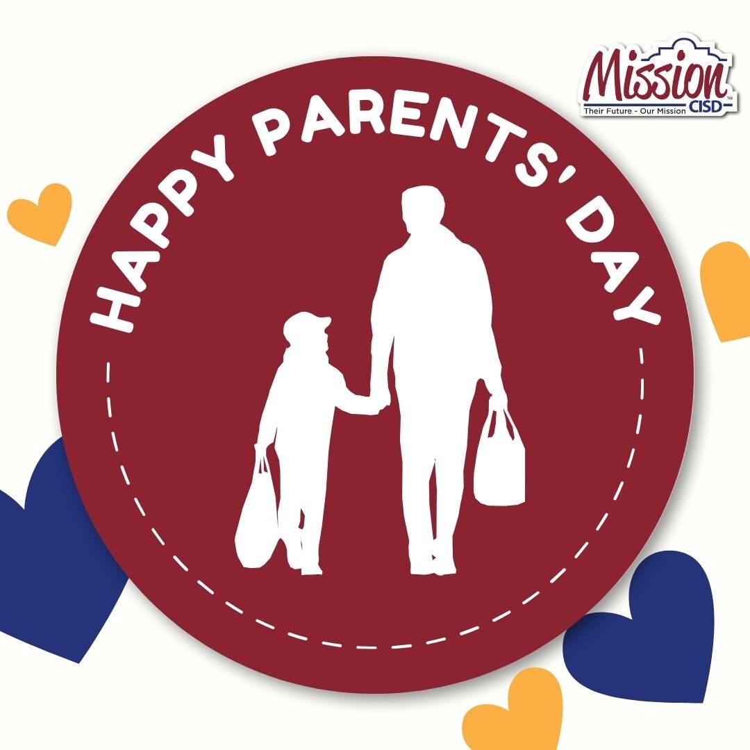 Mission CISD Parents' Day graphic featuring a silhouette of a parent and child holding hands inside a maroon circle.