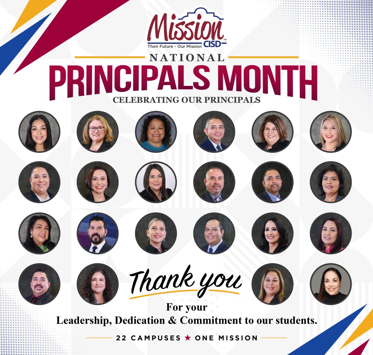 Graphic for Mission CISD National Principals Month featuring headshots of school principals across four rows with text thanking them for their leadership and dedication.