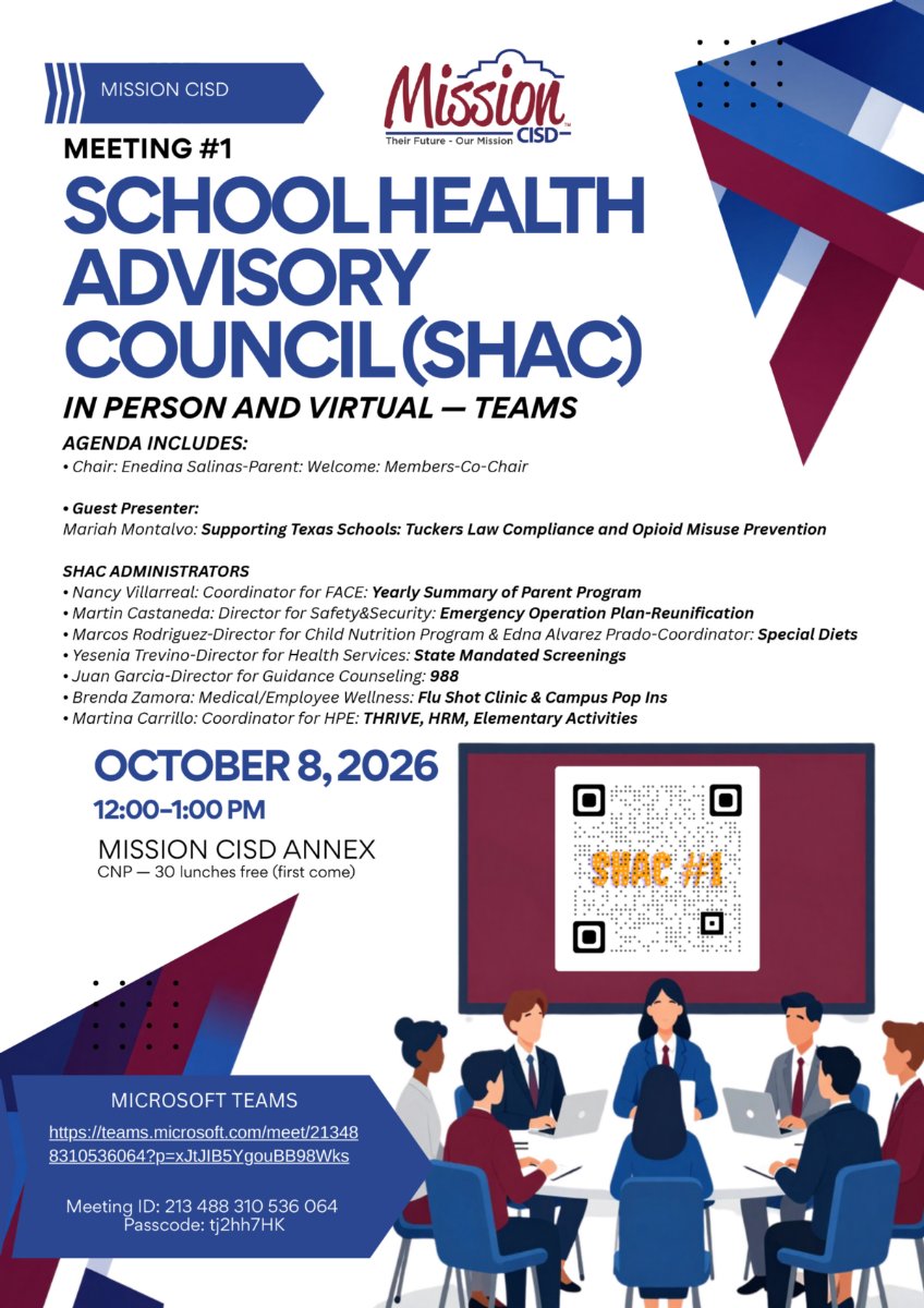 Event flyer for Mission CISD School Health Advisory Council Meeting #1 taking place October 8, 2026, listing meeting agenda topics and virtual join information.